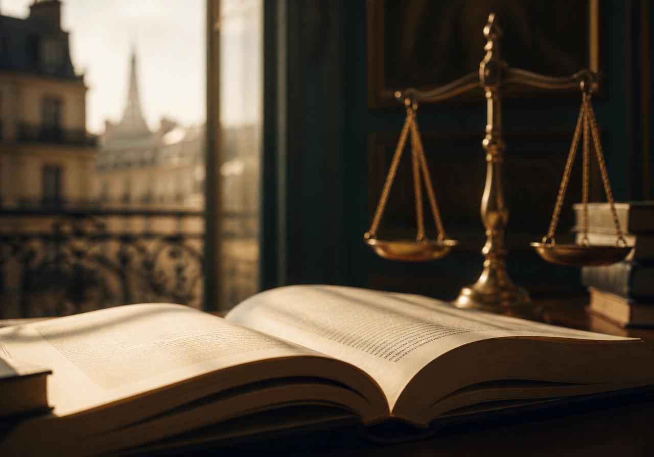 Ouvrage de droit et balance de la justice devant une fenêtre parisienne